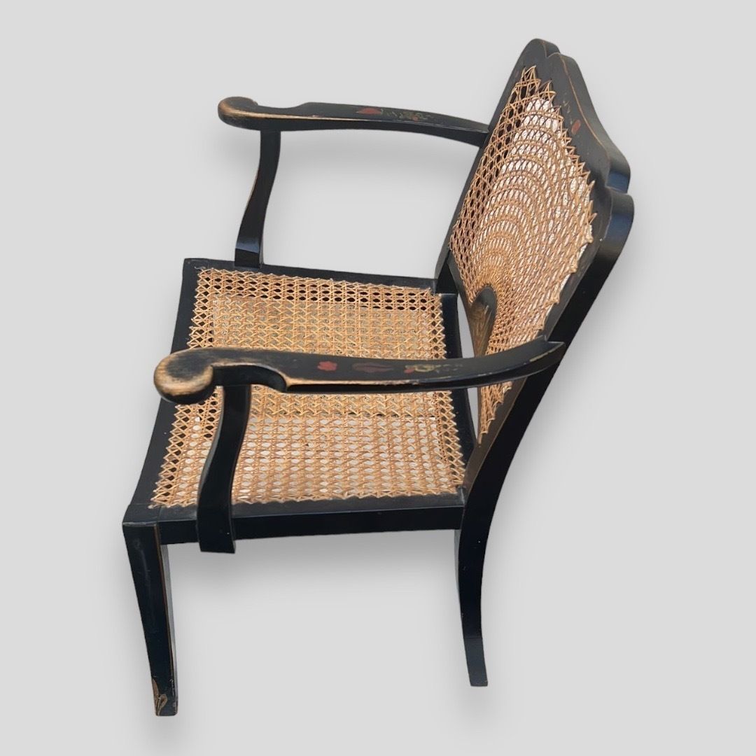 Chinoiserie Decorated Black Lacquered And Bergere Panelled Bedroom Chair photo vinterior