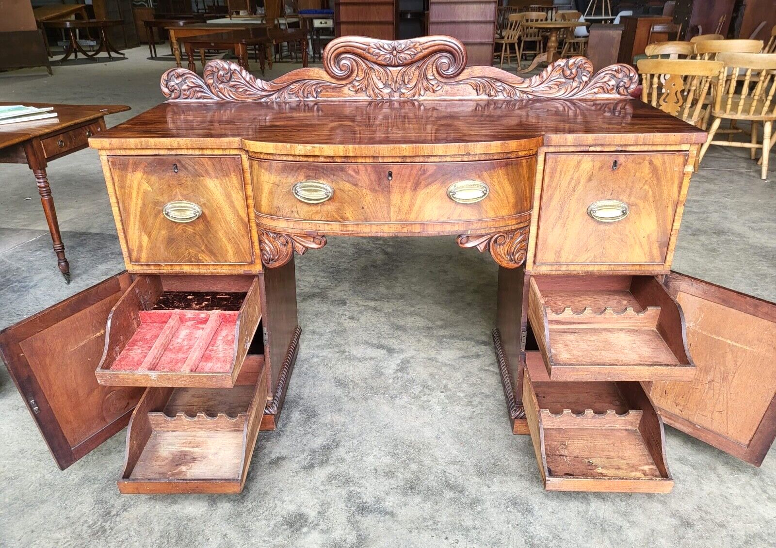 Antique William IV Mahogany Bow Break Front Carved Sideboard Wine Rack Drawers photo for sale