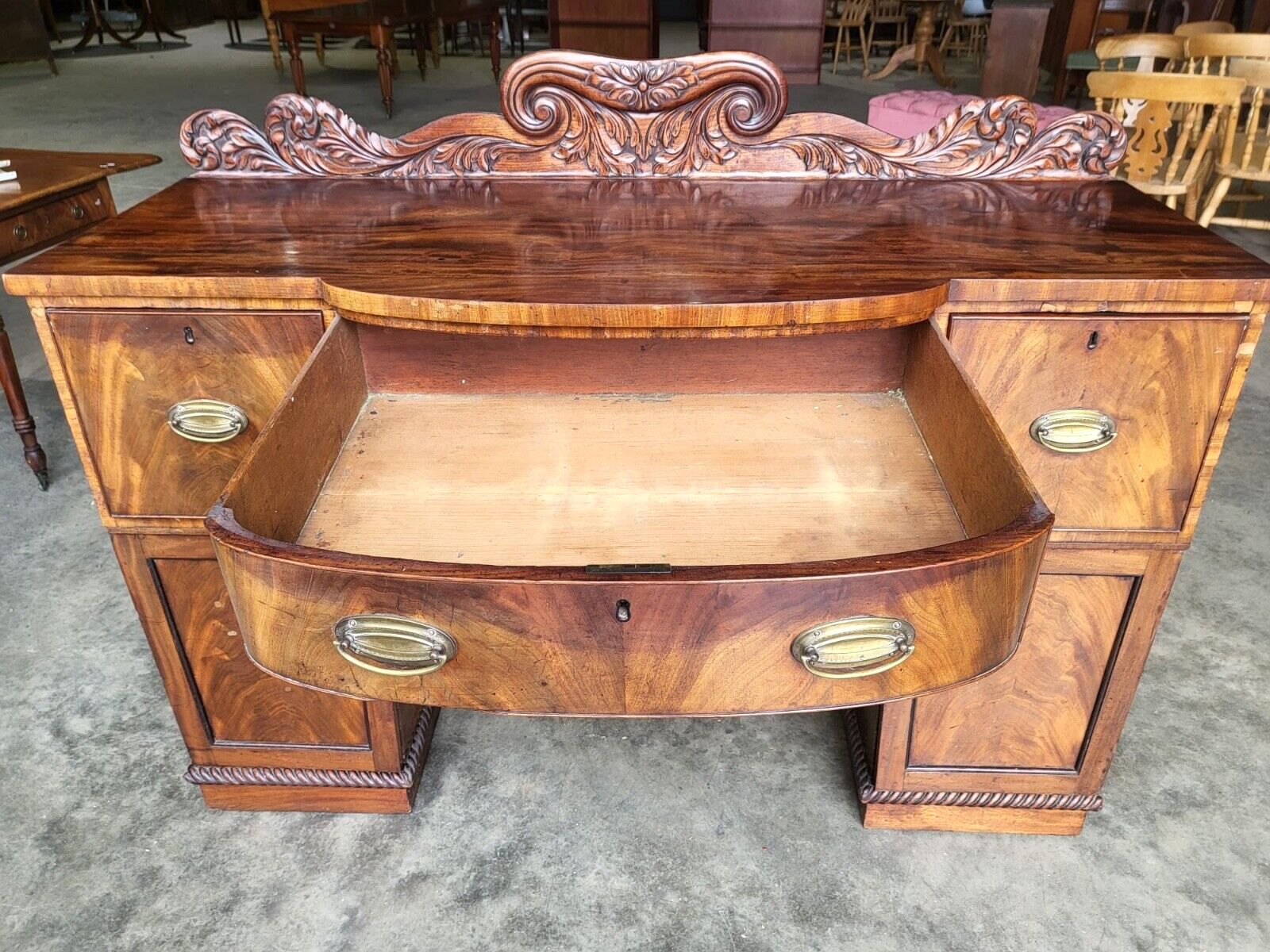 Antique William IV Mahogany Bow Break Front Carved Sideboard Wine Rack Drawers photo buy