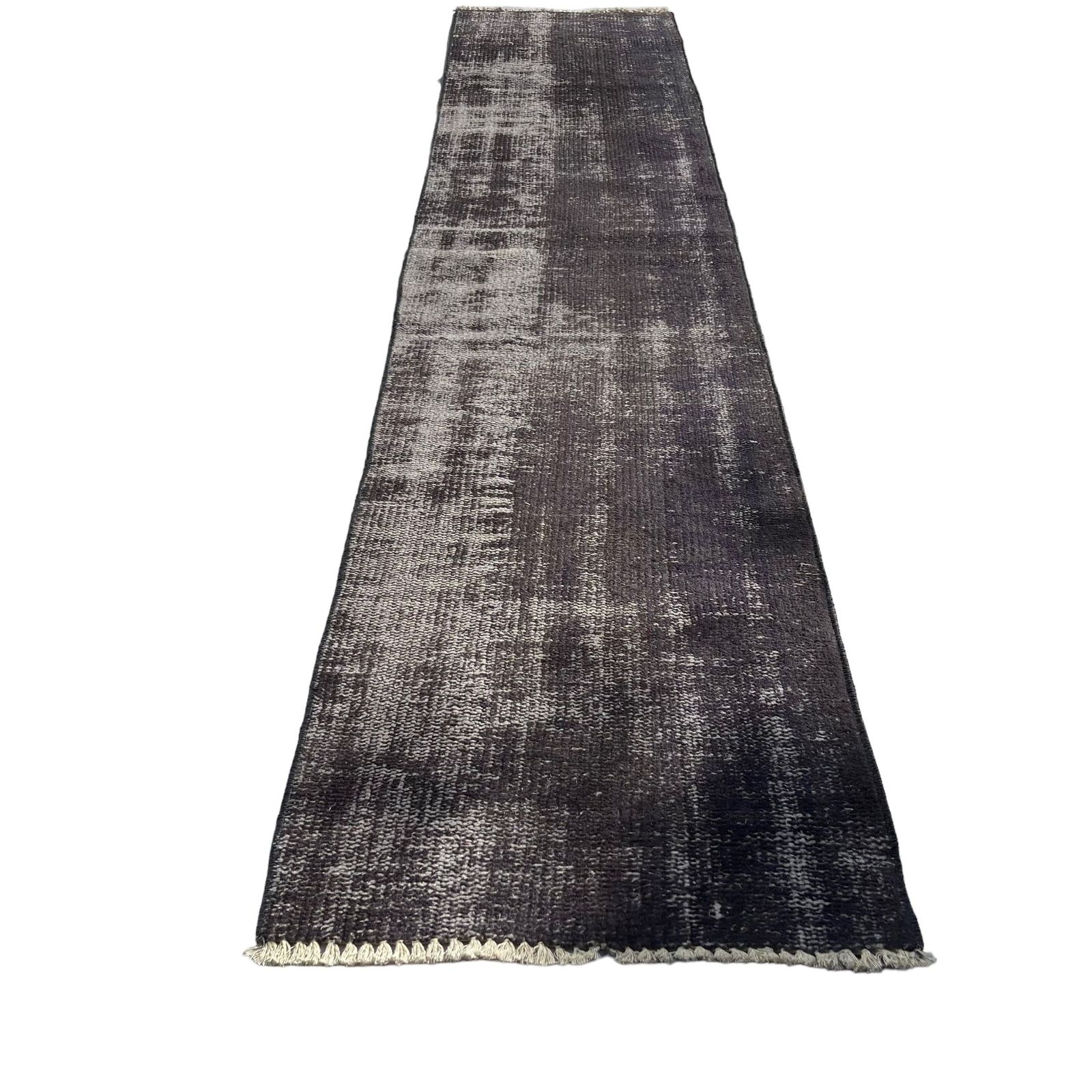 Distressed Turkish Narrow Runner  Wool Vintage Rug, Over Dyed Black photo for sale