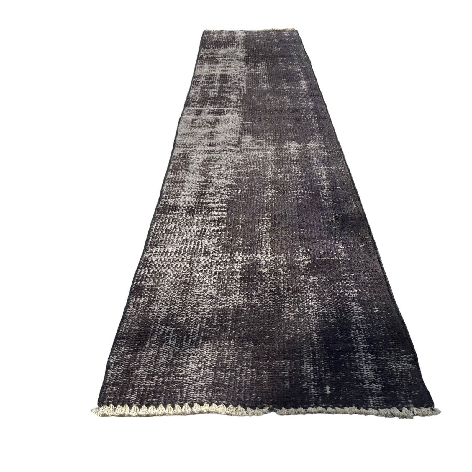 Distressed Turkish Narrow Runner  Wool Vintage Rug, Over Dyed Black photo 357.0