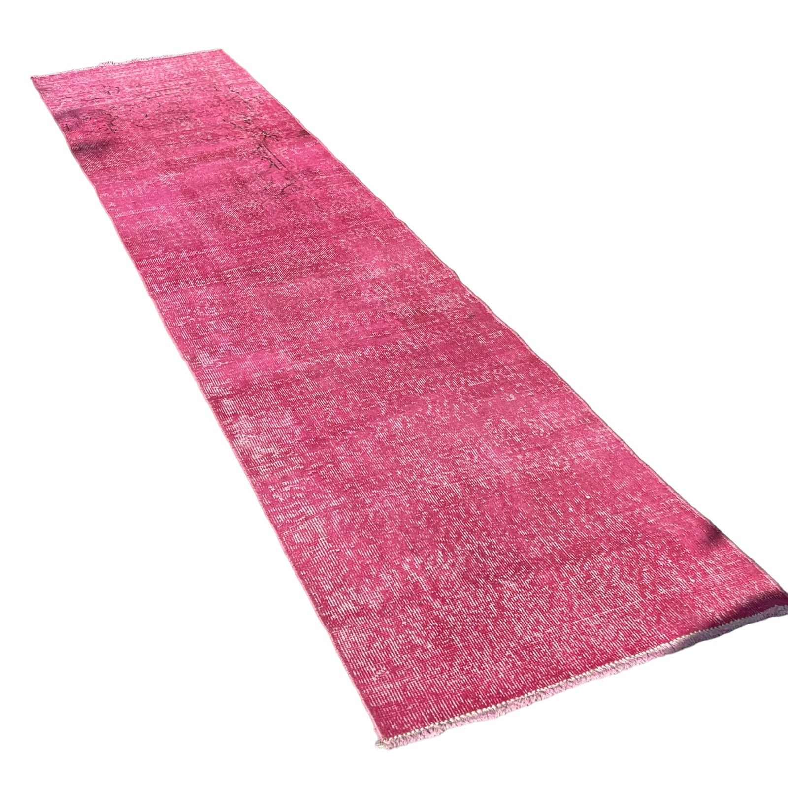 Distressed Turkish Narrow Runner Wool Vintage Rug, Over Dyed Pink 330 X 70 Cm photo furniture