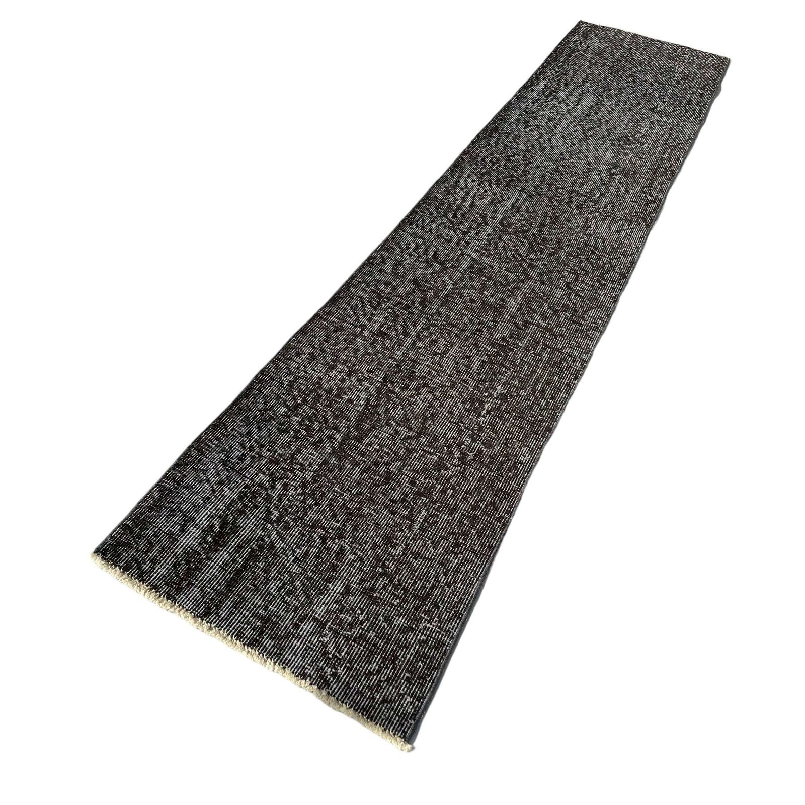 Distressed Turkish Narrow Runner Wool Vintage Rug, Over Dyed Black photo furniture
