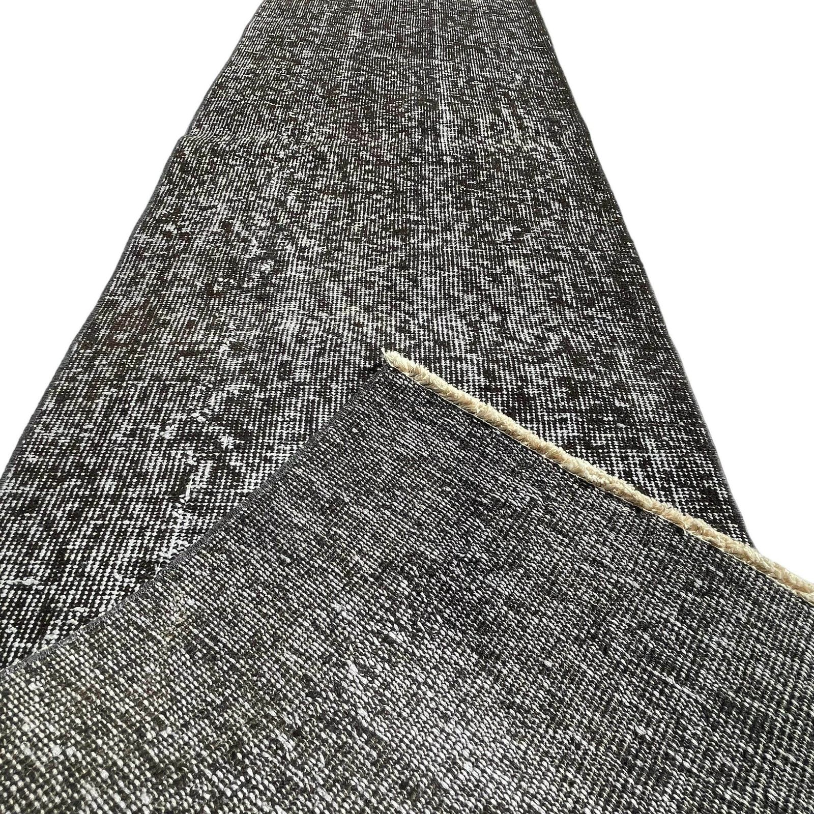 Distressed Turkish Narrow Runner Wool Vintage Rug, Over Dyed Black photo Textiles