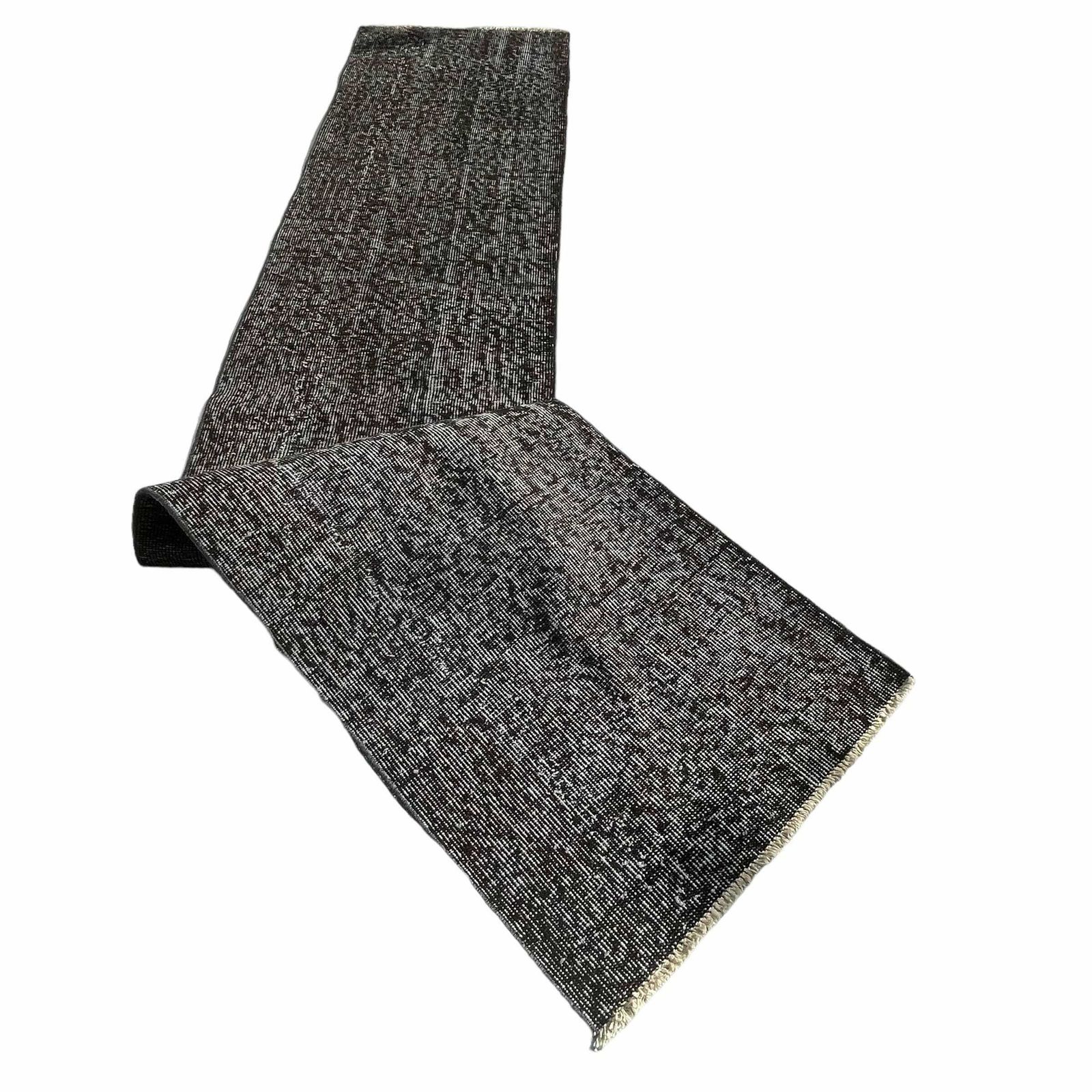 photo furniture Distressed Turkish Narrow Runner Wool Vintage Rug, Over Dyed Black