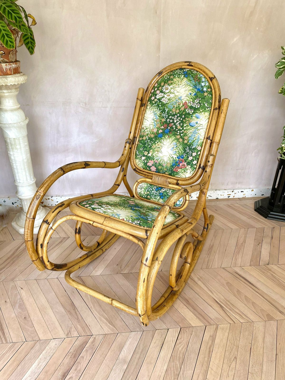 Mid Century Bamboo & Floral Print Upholstered Rocking Chair photo furniture