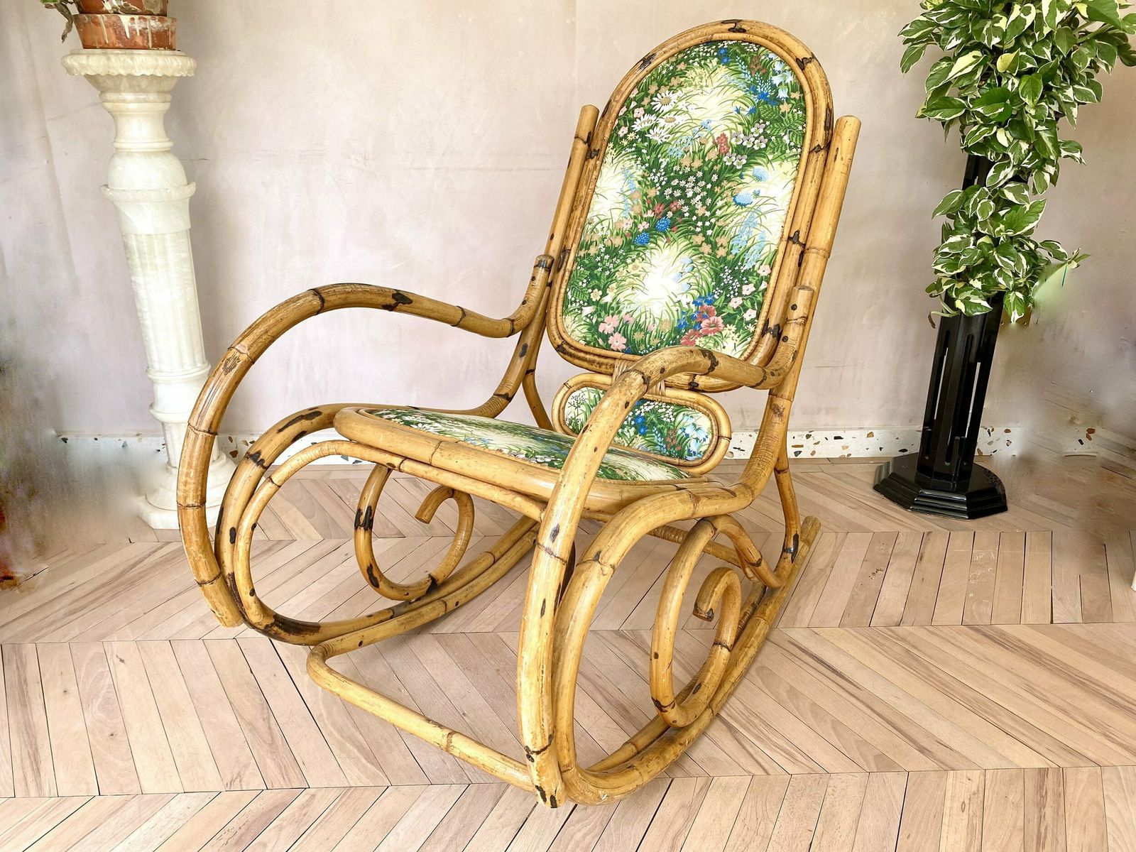 Mid Century Bamboo & Floral Print Upholstered Rocking Chair