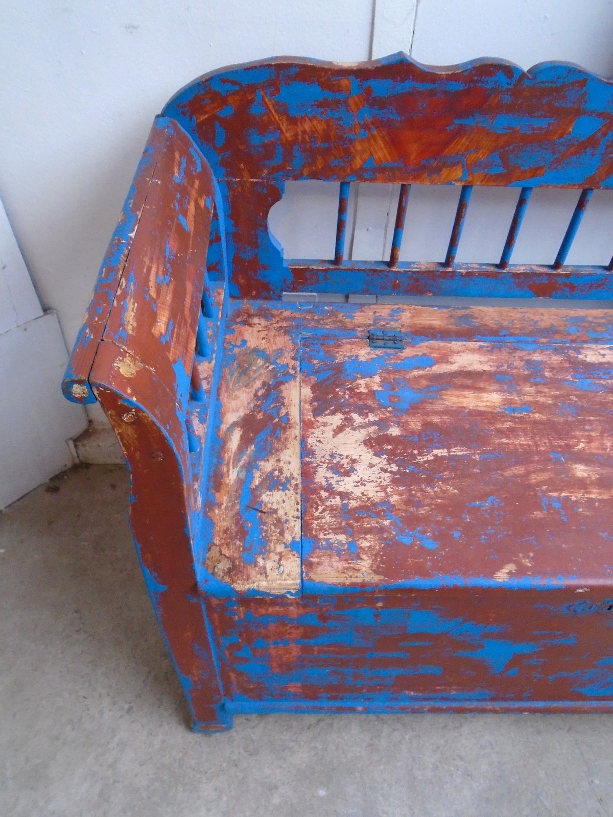 A Totally Original Early Victorian Pine Painted Blue / Red 3 Seater Hungarian Bench photo 495.0