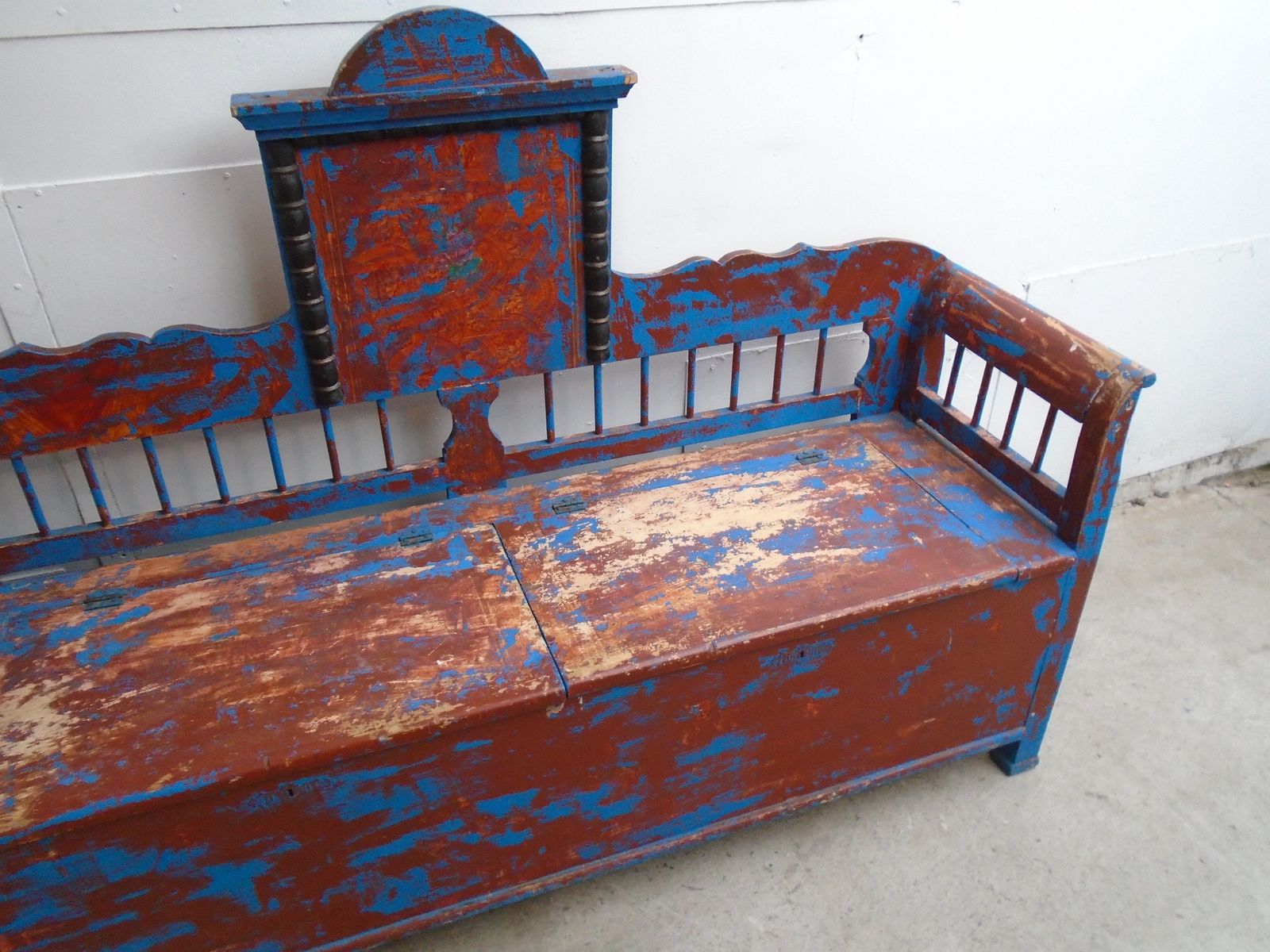 A Totally Original Early Victorian Pine Painted Blue / Red 3 Seater Hungarian Bench photo buy