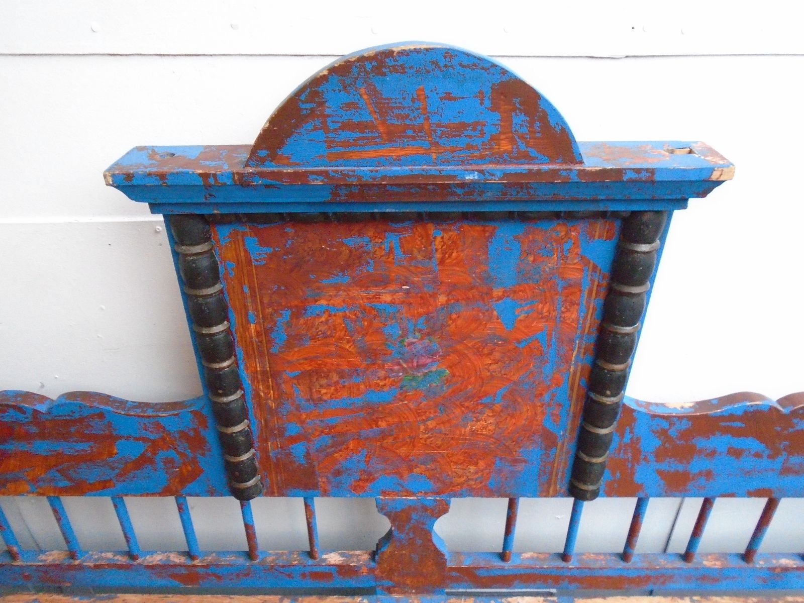 photo for sale A Totally Original Early Victorian Pine Painted Blue / Red 3 Seater Hungarian Bench