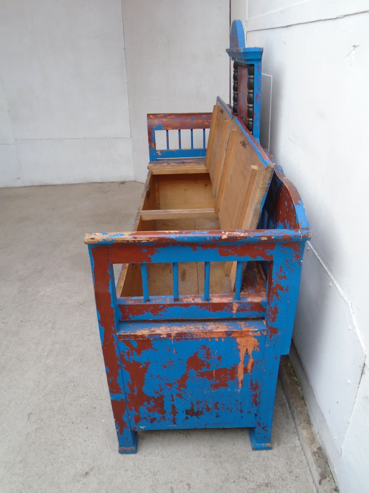 Furniture A Totally Original Early Victorian Pine Painted Blue / Red 3 Seater Hungarian Bench photo