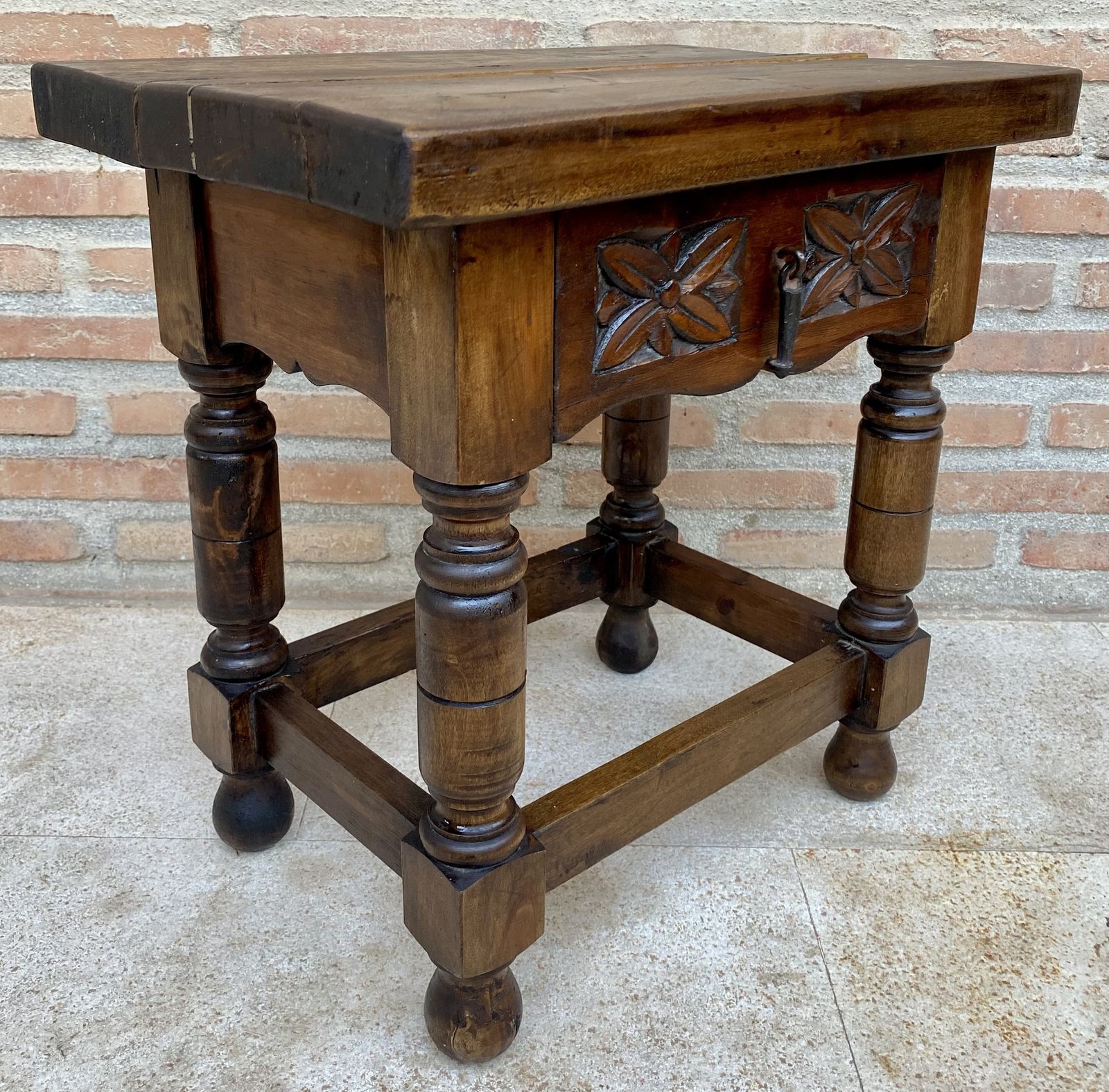 20th Century Spanish Nightstand Or Bedside With Carved Drawer And Iron Hardware photo Furniture
