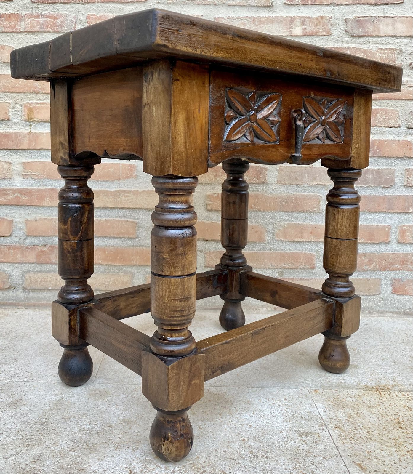 Furniture 20th Century Spanish Nightstand Or Bedside With Carved Drawer And Iron Hardware photo