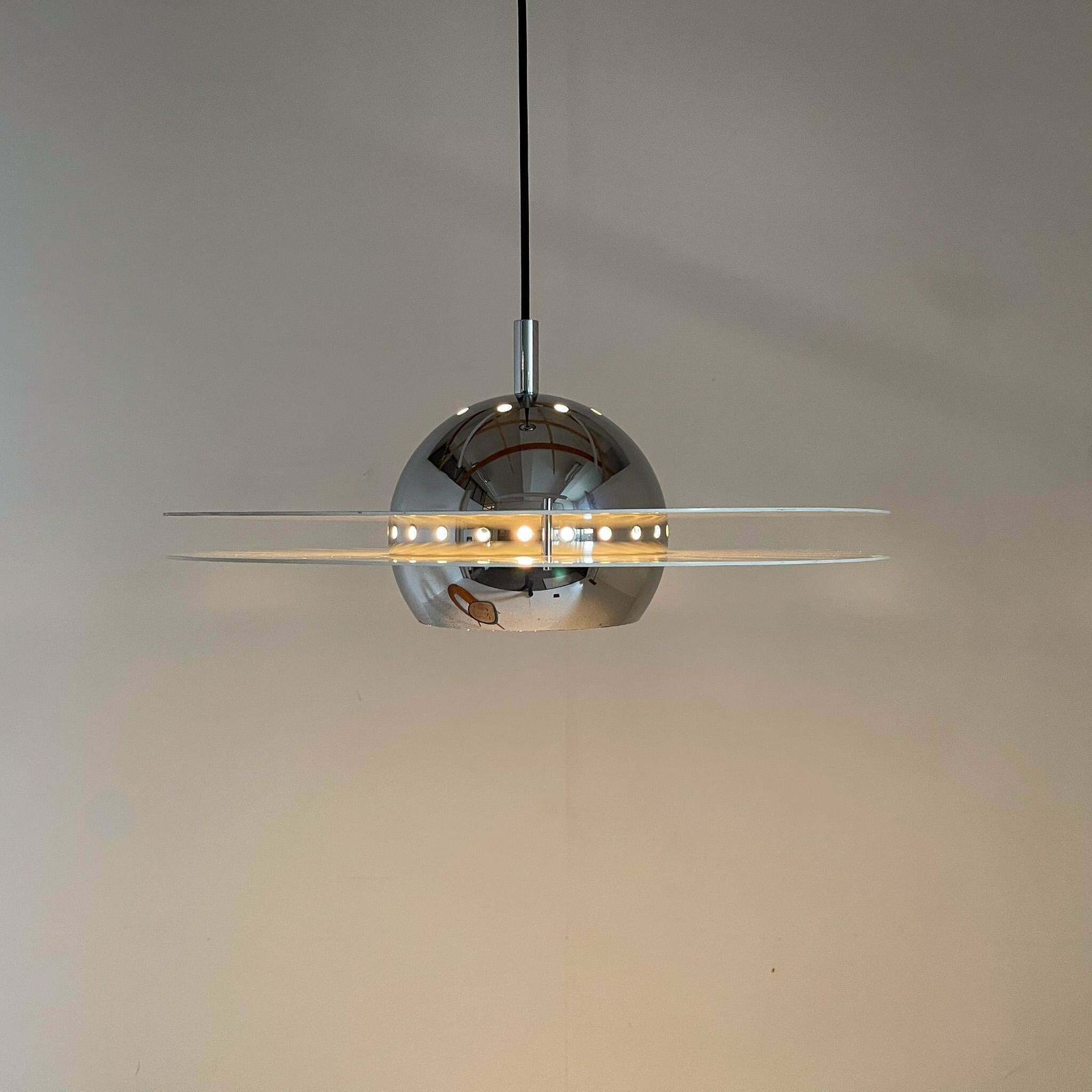 1970's Ufo Chrome & Lacquered Metal Space Age Pendant, Italy photo Lighting