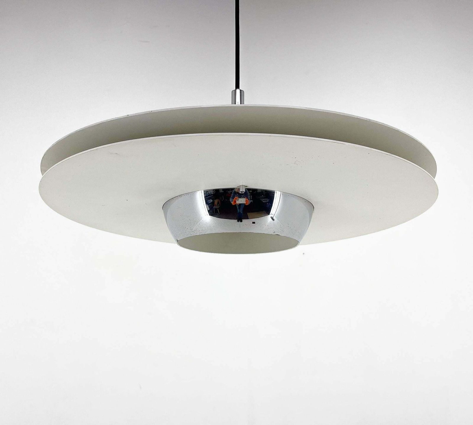 photo furniture 1970's Ufo Chrome & Lacquered Metal Space Age Pendant, Italy