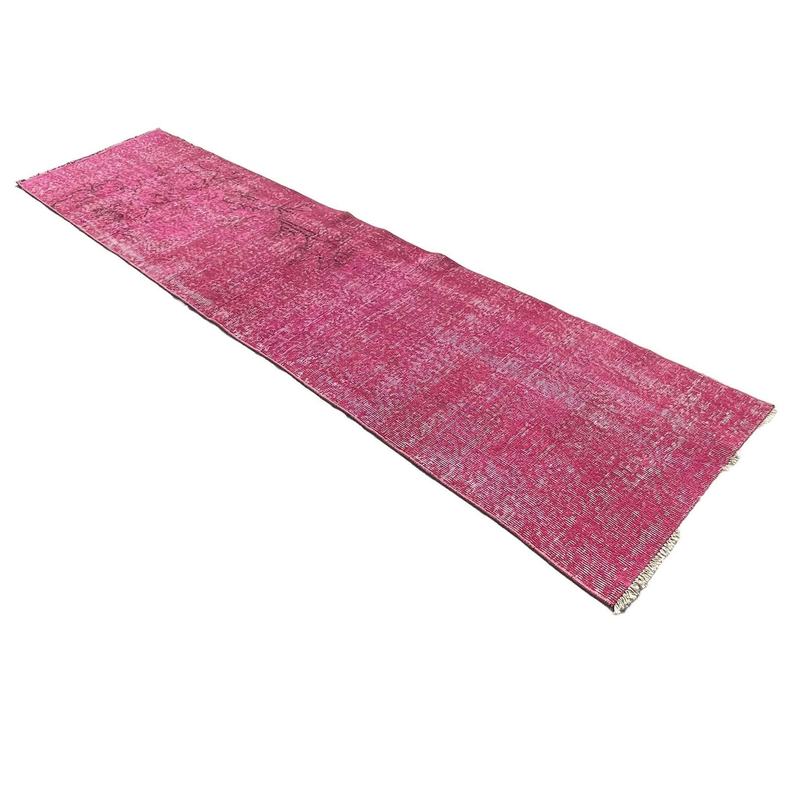 Distressed Turkish Narrow Runner 278 X 68 Cm Wool Vintage Rug, Over Dyed Pink photo furniture