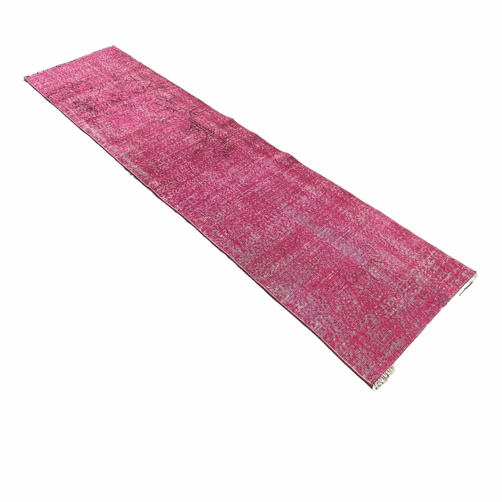 Distressed Turkish Narrow Runner 278 X 68 Cm Wool Vintage Rug, Over Dyed Pink photo 470.0