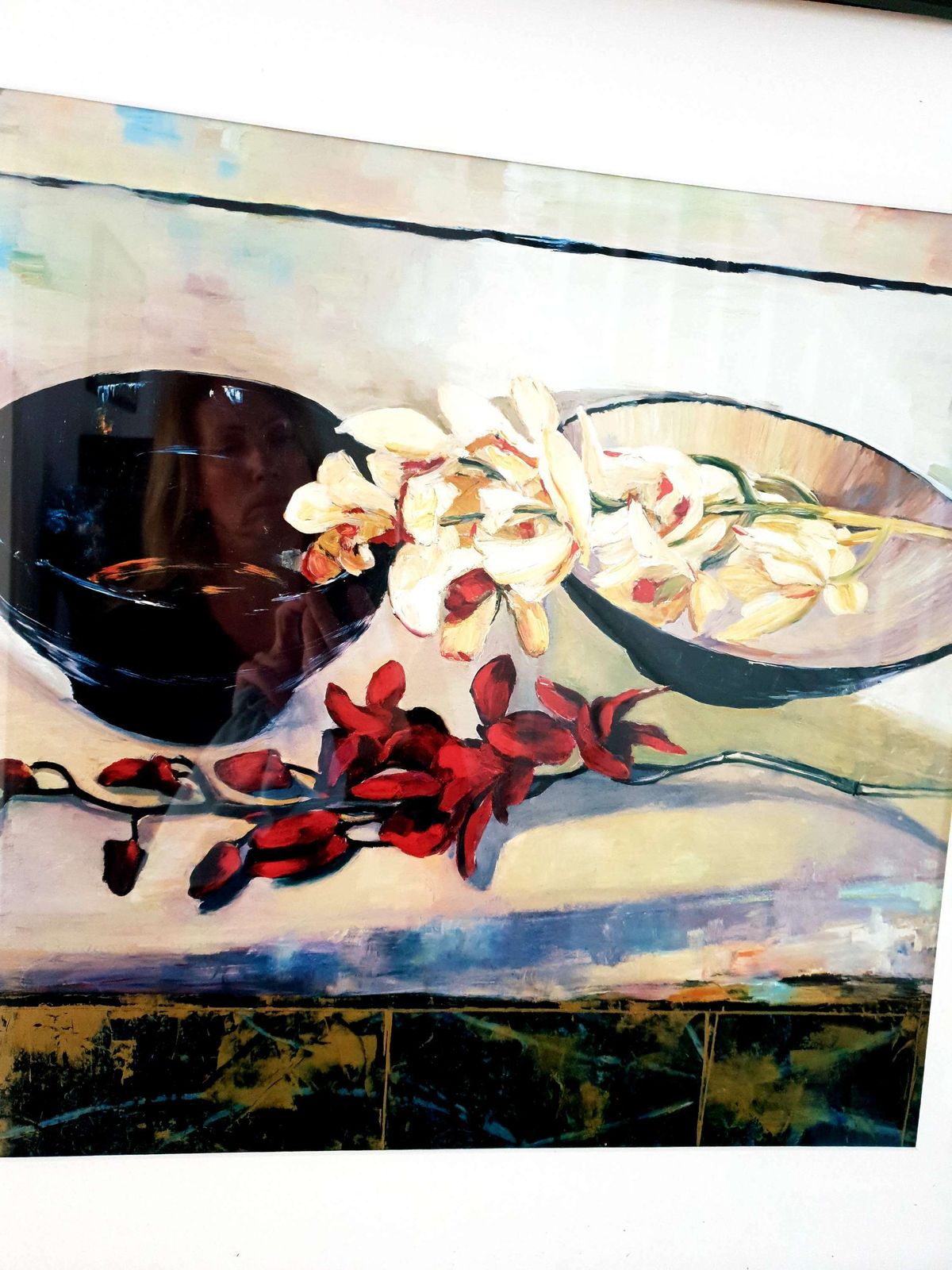Large Framed Print Of Still Life, Red And White Orchids By Artist Chang photo for sale