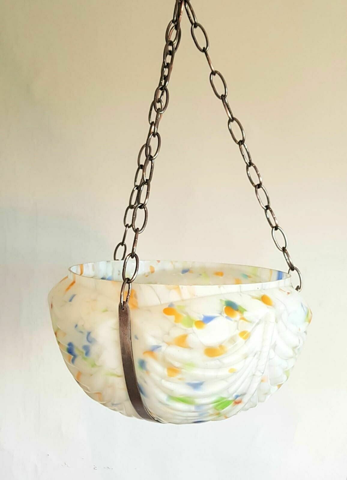 Large Art Deco Glass Bowl Shade Flycatcher Plaffonier Original Metal Cradle photo for sale