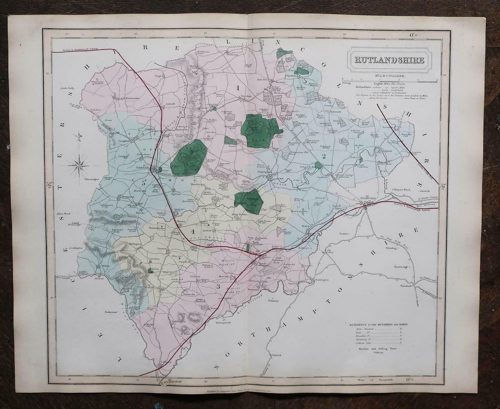 Original Antique English County Map, Rutland, J & C Walker, 1851 photo for sale