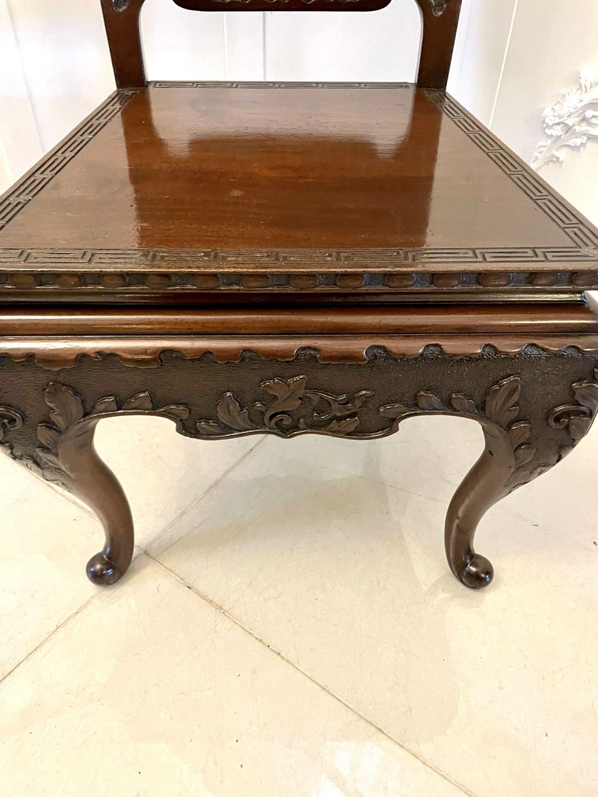 Furniture Fine Quality Pair Of Antique Carved Chinese Hall Chairs photo