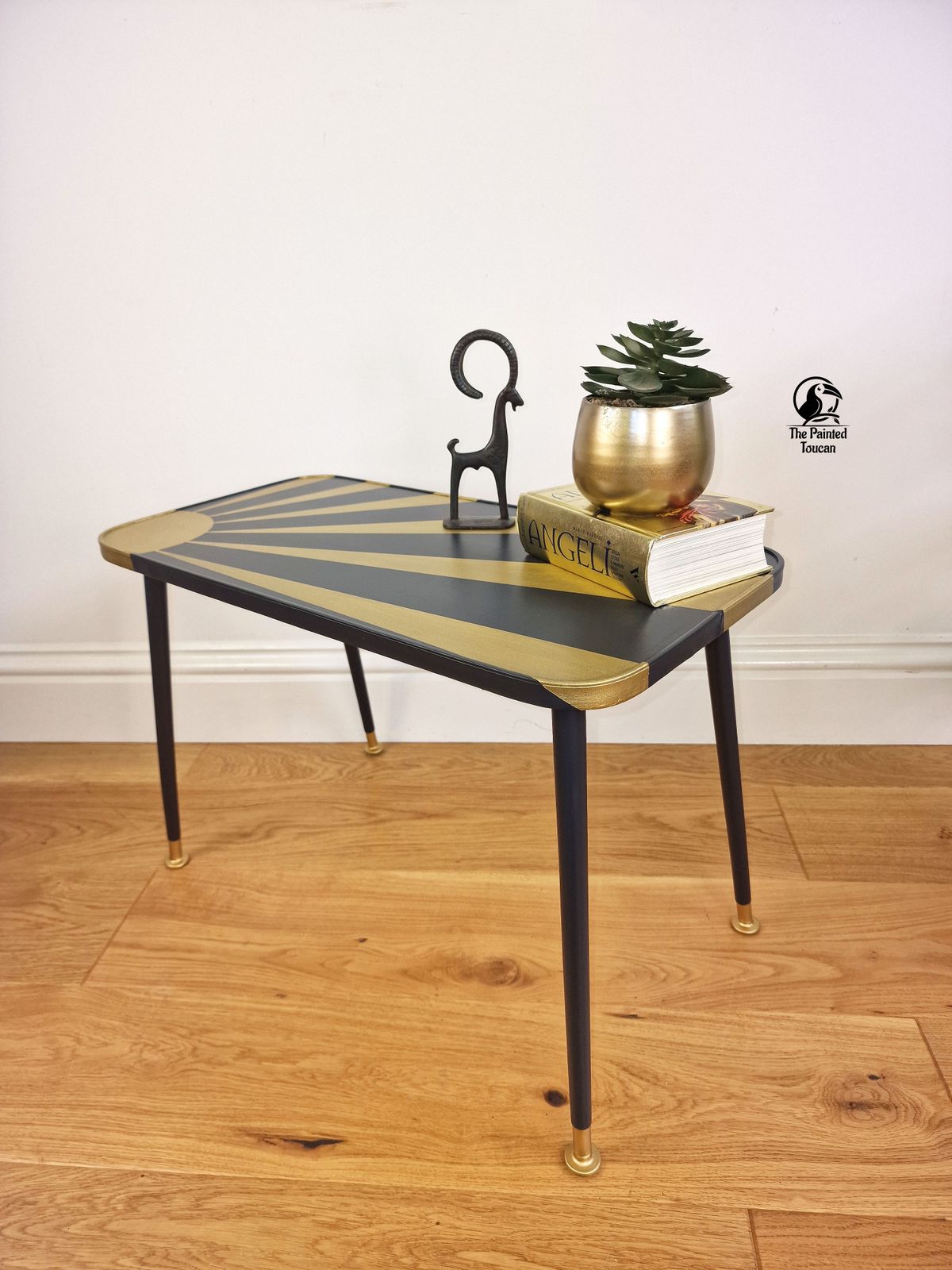 Vintage Mid Century Coffee Table Customised With Metalic Gold Sun photo 350.0