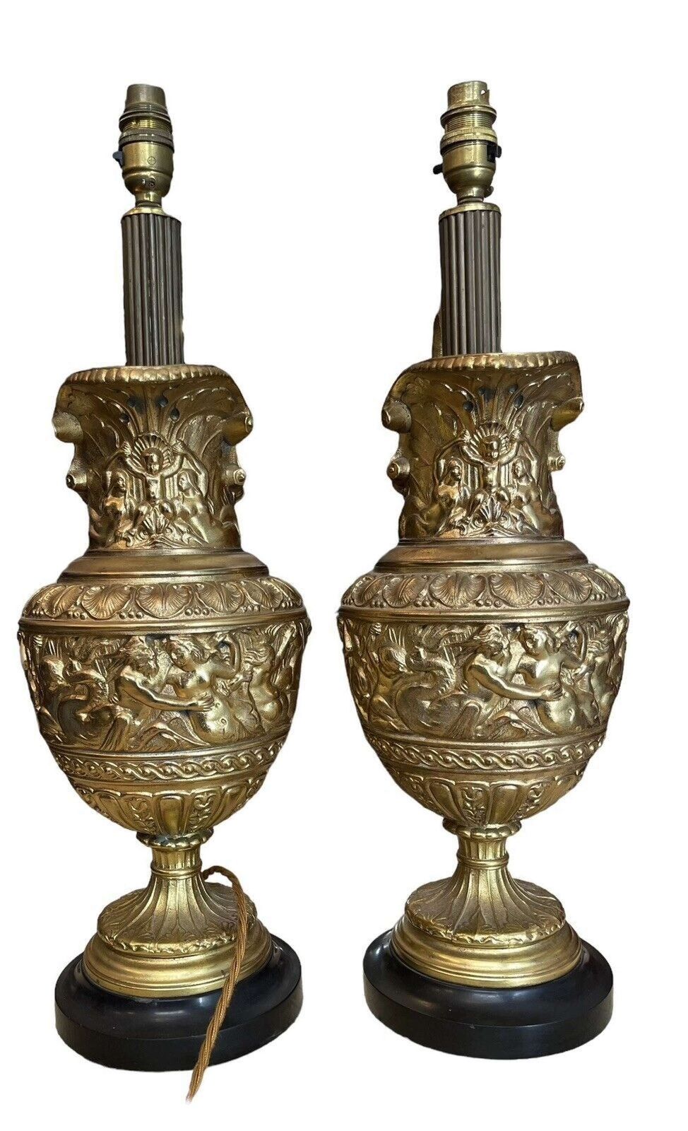 Antique Bronze French Ewer Renaissance Revival Cherub Lamps Circa 1940