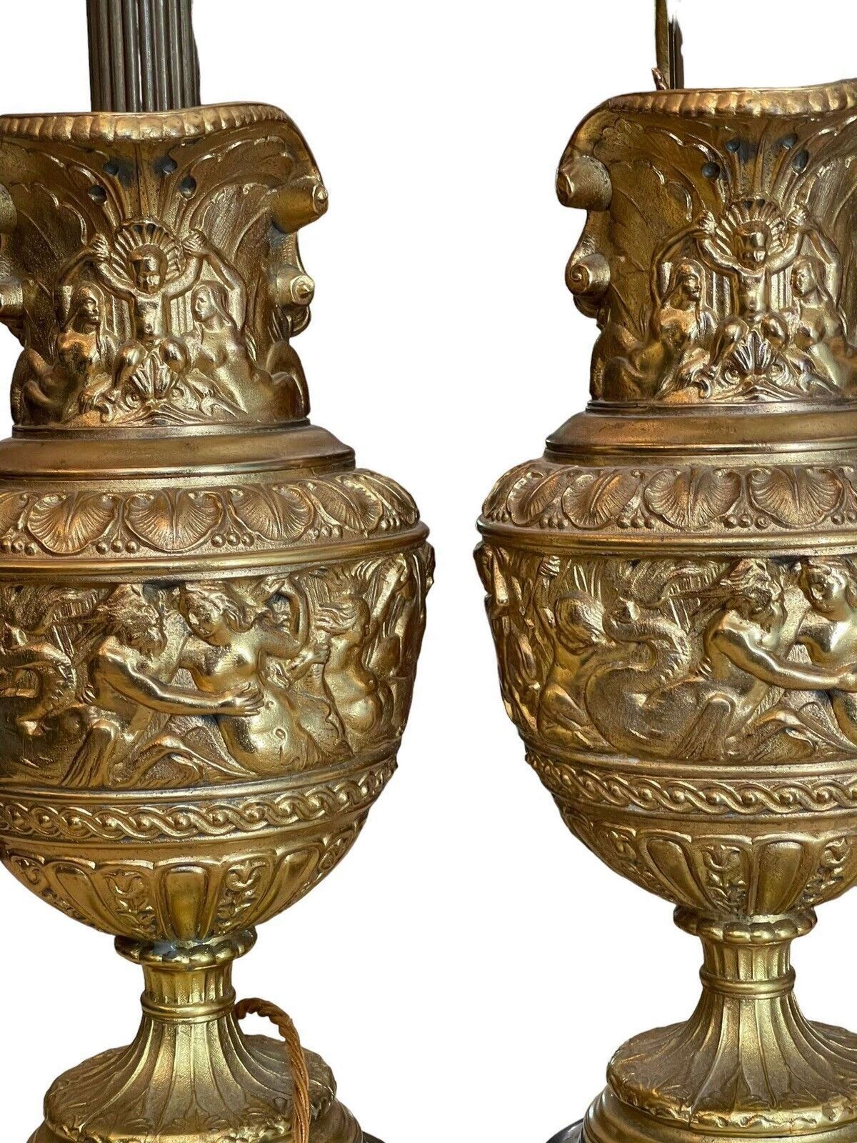 Antique Bronze French Ewer Renaissance Revival Cherub Lamps Circa 1940 photo Lighting