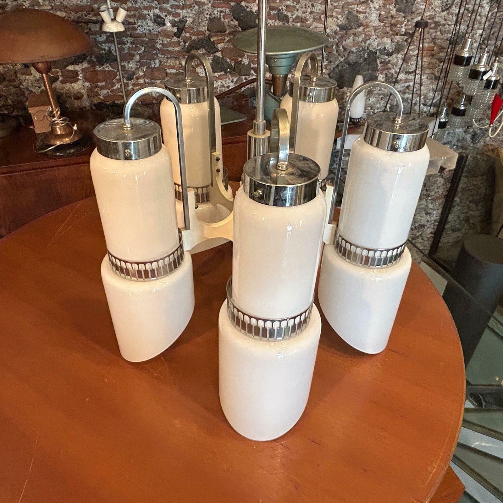 1970s Space Age White Glass Wood And Metal Chandelier By Gaetano Sciolari photo furniture