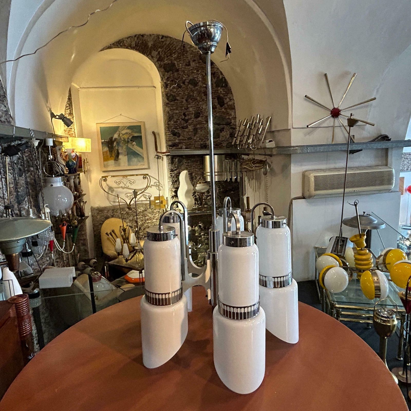 1970s Space Age White Glass Wood And Metal Chandelier By Gaetano Sciolari photo Lighting