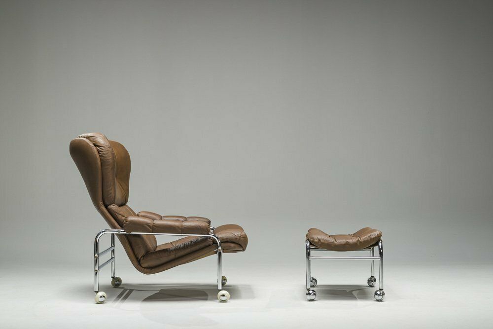 Swedish Chrome & Brown Leather Lounge Chair And Footstool From Scapa Rydaholm, 1960s, Set Of 2