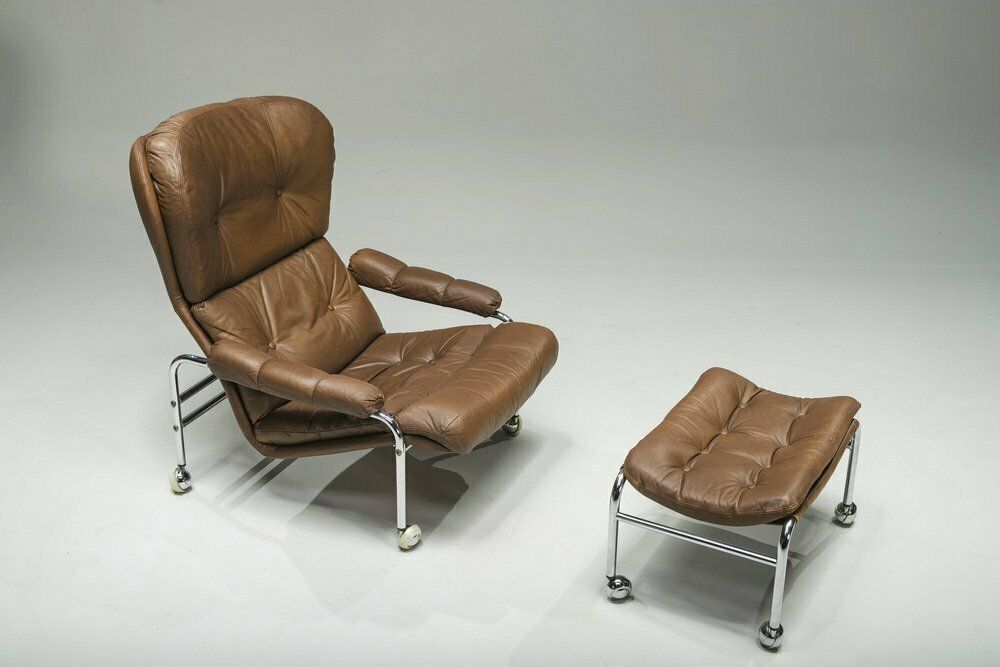 Swedish Chrome & Brown Leather Lounge Chair And Footstool From Scapa Rydaholm, 1960s, Set Of 2 photo Furniture