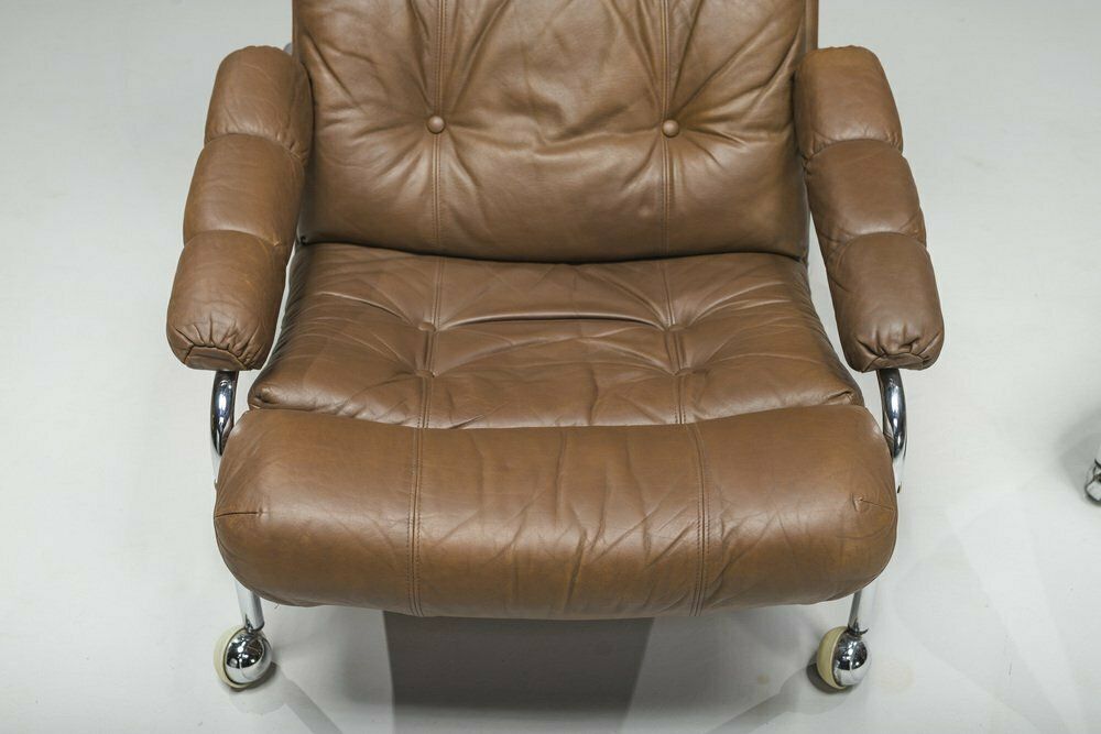 Swedish Chrome & Brown Leather Lounge Chair And Footstool From Scapa Rydaholm, 1960s, Set Of 2 photo buy