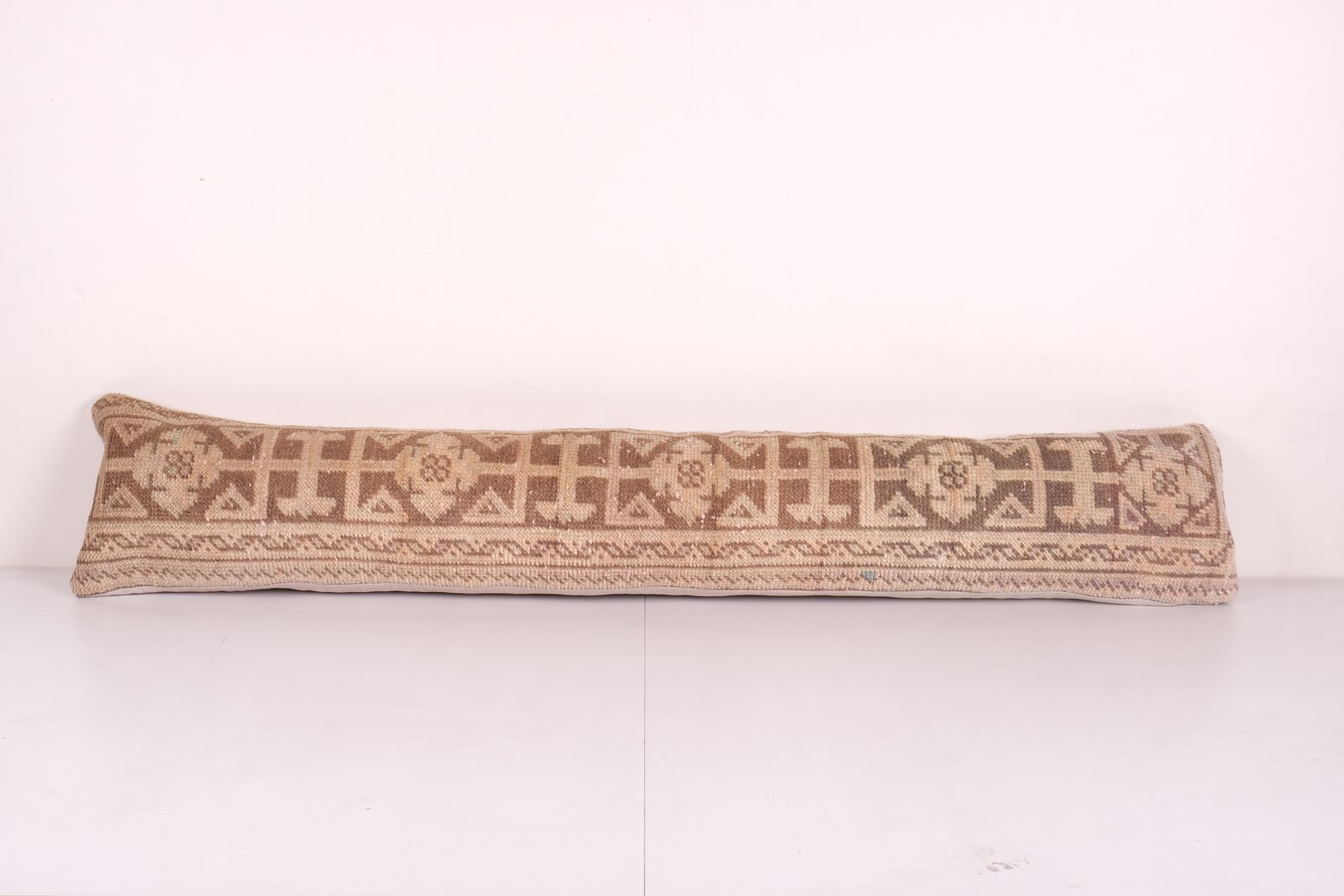 Muted Brown Extra Long Turkish Oushak Pillow, Faded Brown Kurdish Boho Woven Bedding Carpet 10'' X 53''