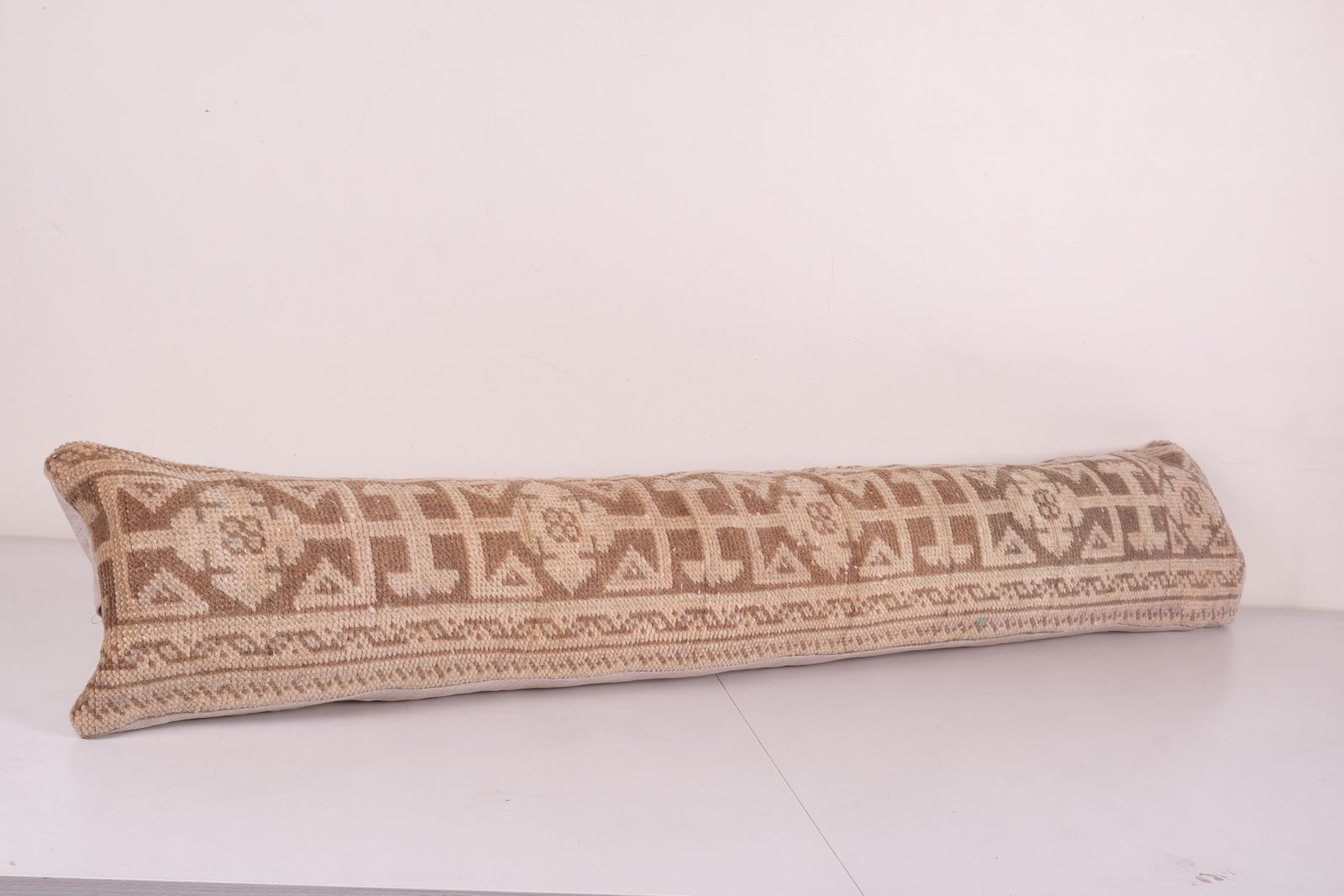Muted Brown Extra Long Turkish Oushak Pillow, Faded Brown Kurdish Boho Woven Bedding Carpet 10'' X 53'' photo for sale