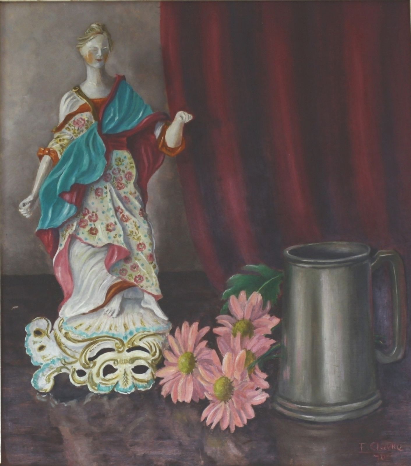 Oil On Board By Enid Clarke, Still Life With Figurine And Chrysanthemum photo furniture