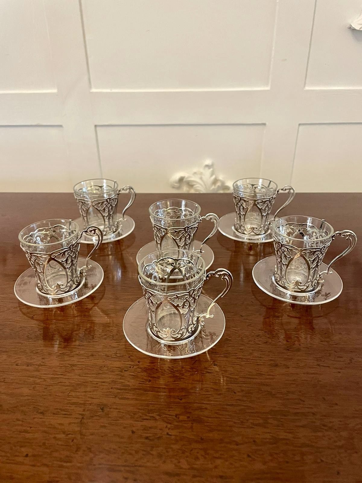 Fine Quality Set Of 6 Antique Solid Silver And Glass Coffee Cups photo buy
