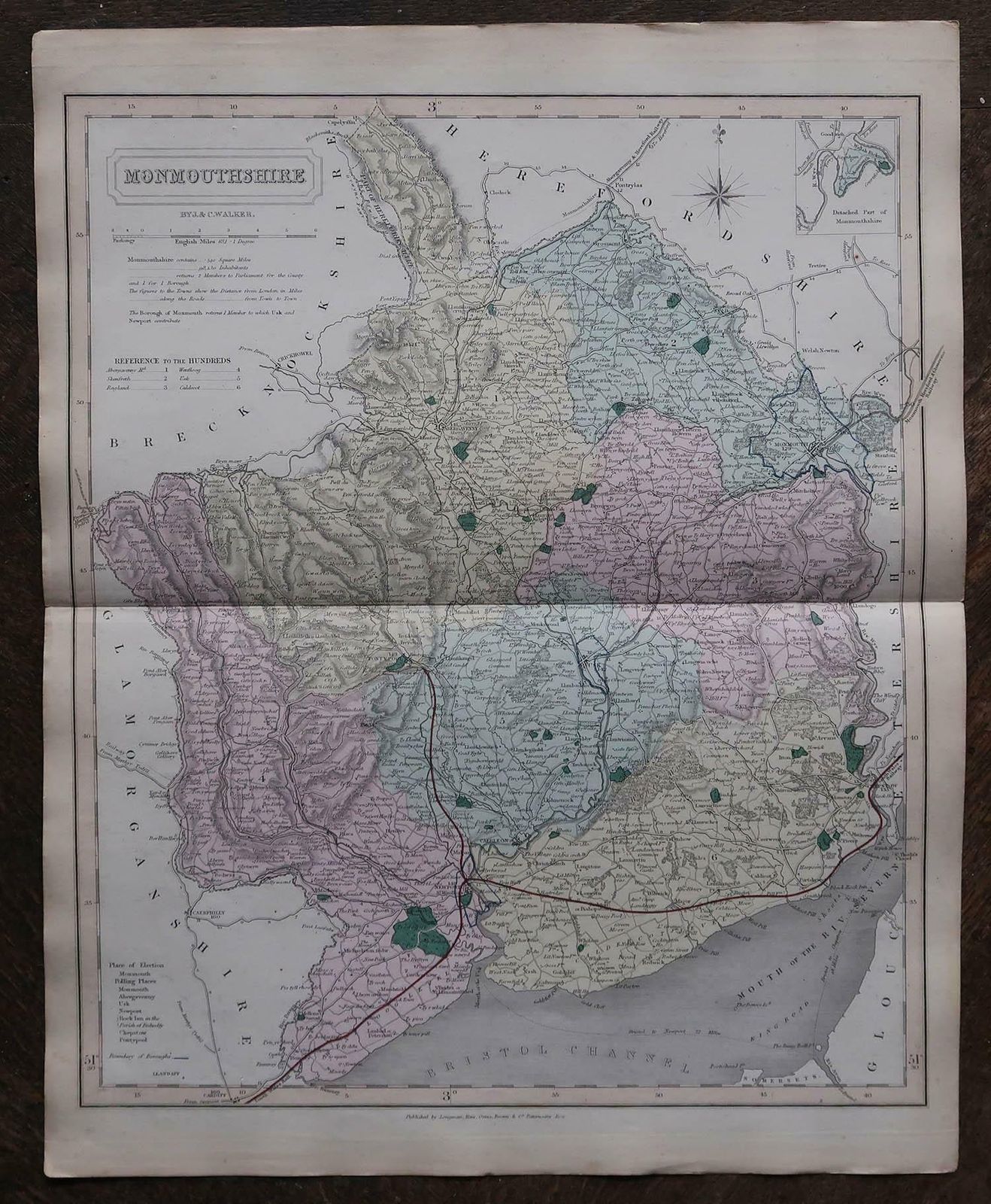 Original Antique English County Map   Monmouthshire. J & C Walker. 1851 photo Art