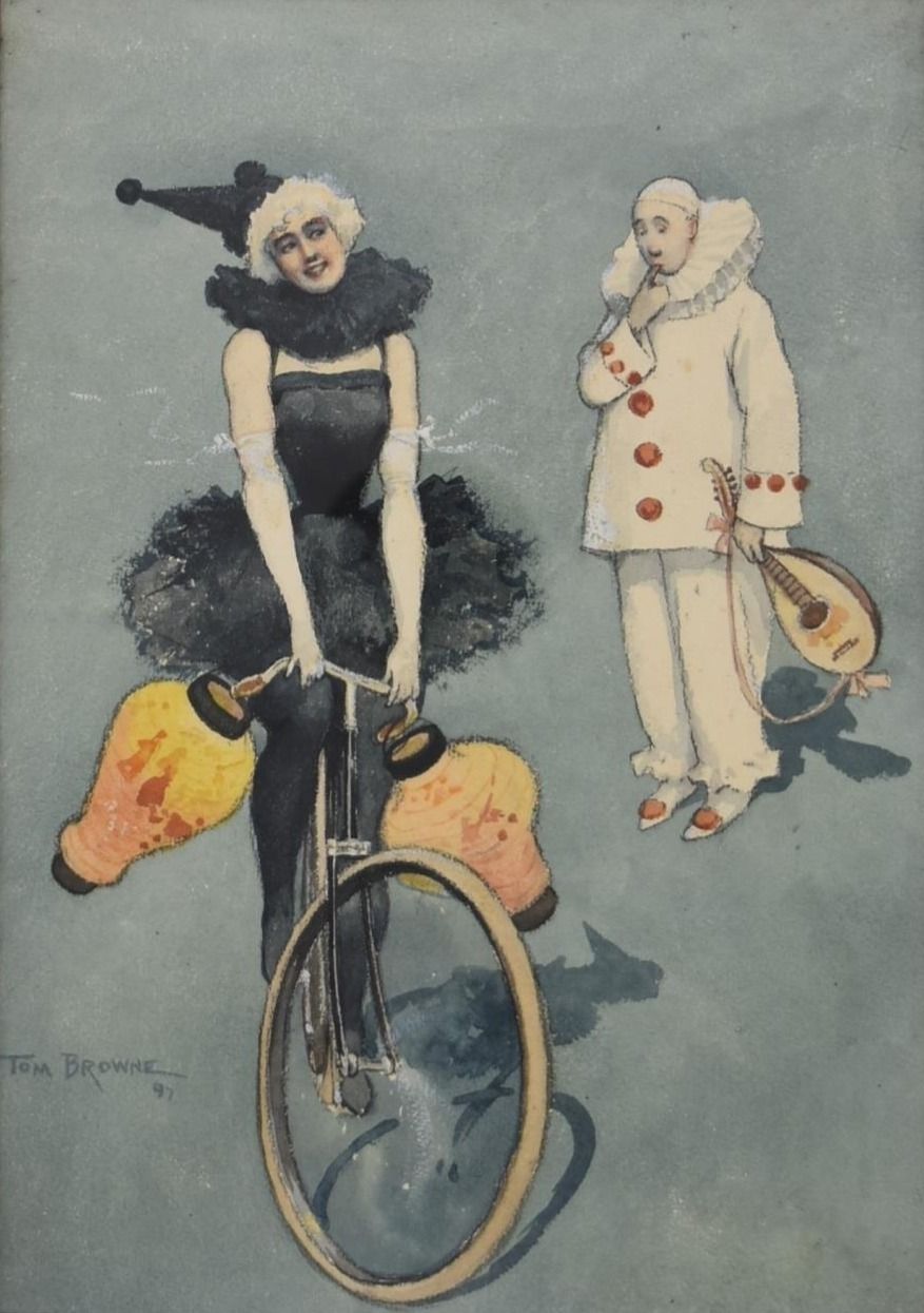 Tom Browne Ri (1870 1910), Dancer Riding A Bike And A Confused Pierrot photo for sale
