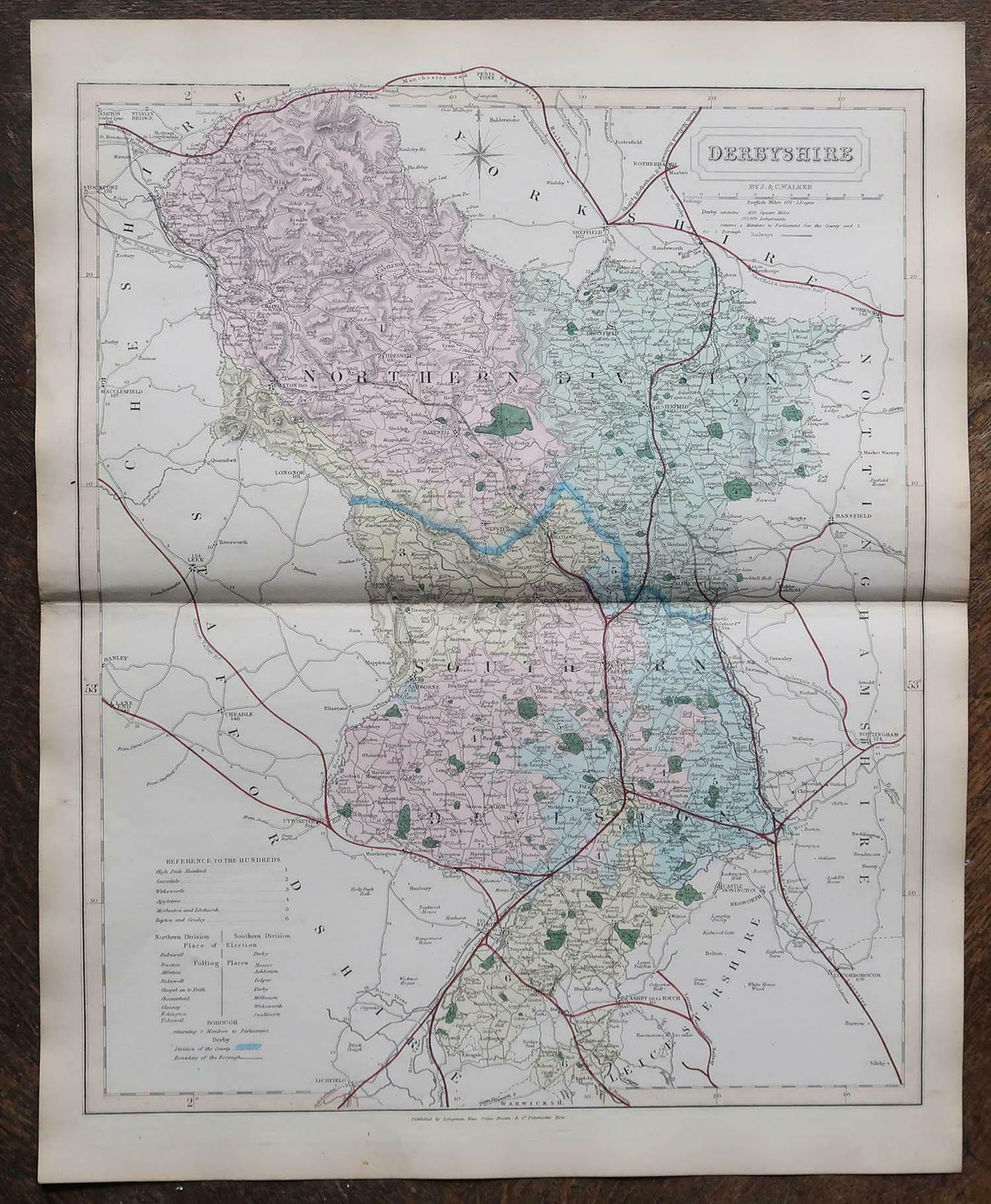Original Antique English County Map, Derbyshire, J & C Walker, 1851 photo for sale