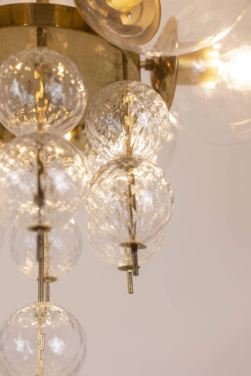 Chandelier In Golden Brass And Blown Glass, 1970s photo for sale