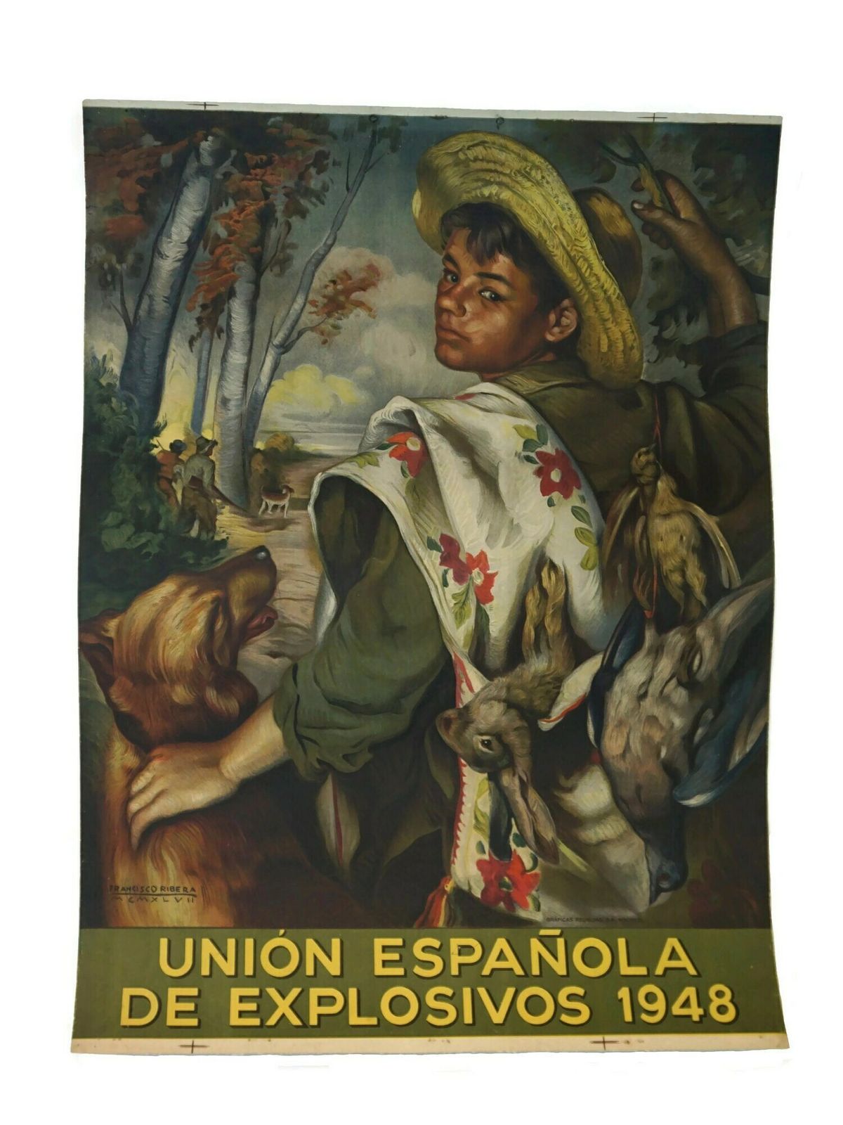 1940s Francisco Ribera Gomez Art Print Poster With Boy Hunter Portrait