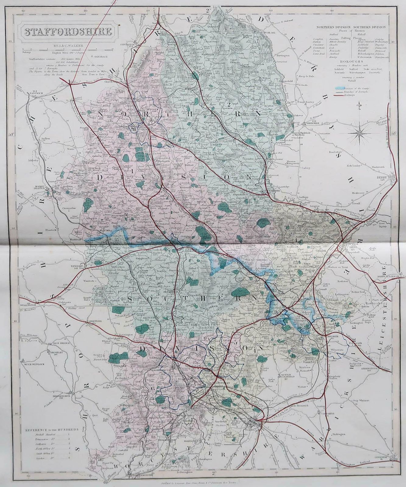 Original Antique English County Map, Staffordshire, J & C Walker, 1851 photo furniture