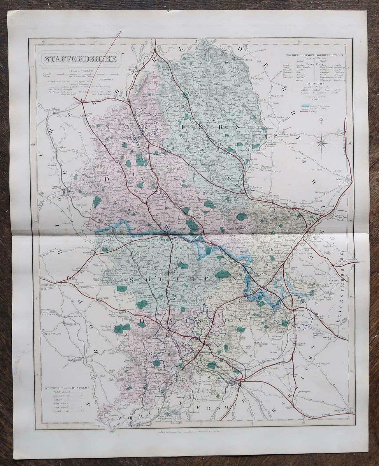 Original Antique English County Map, Staffordshire, J & C Walker, 1851 photo Art