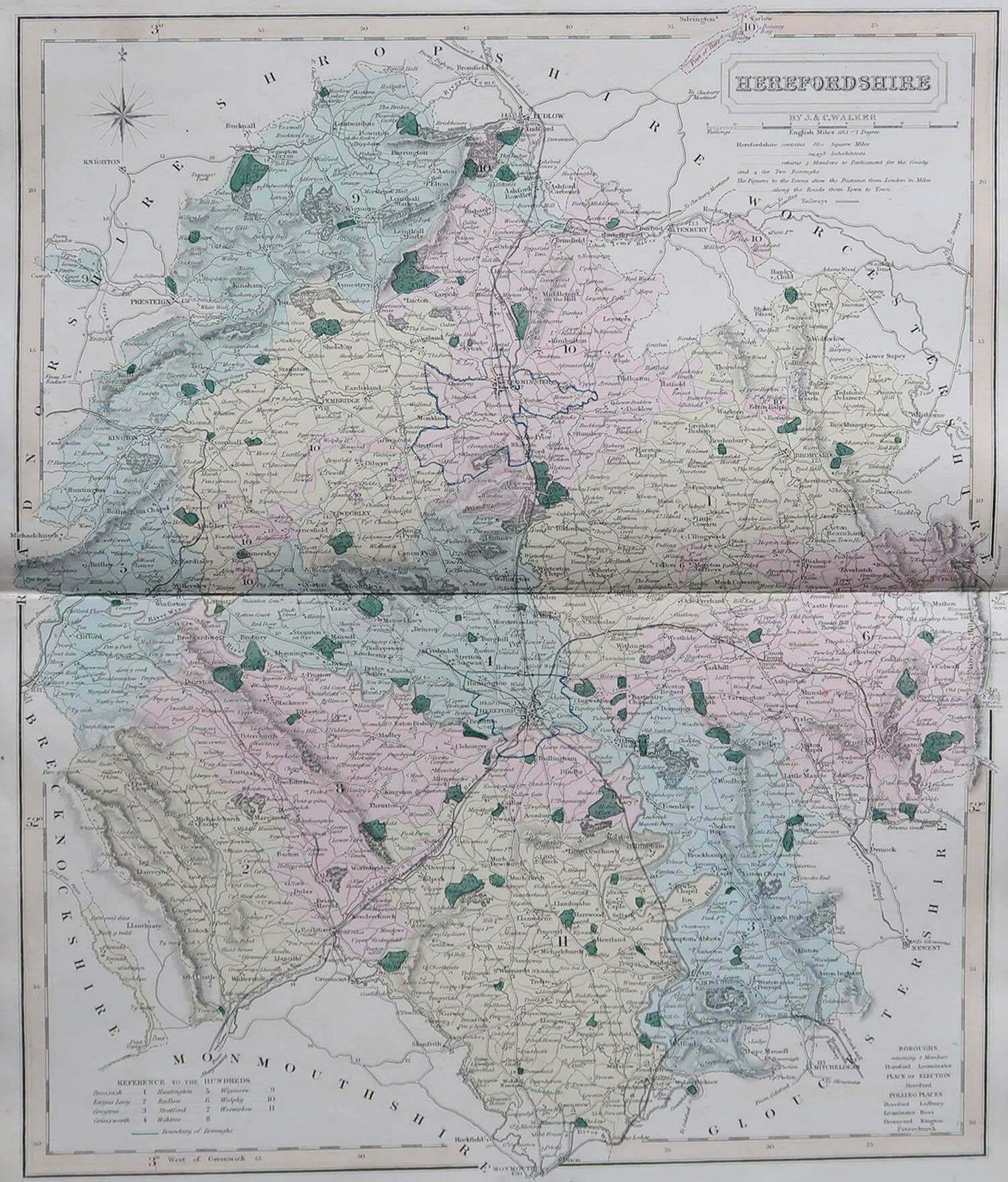 Original Antique English County Map, Herefordshire, J & C Walker, 1851 photo furniture
