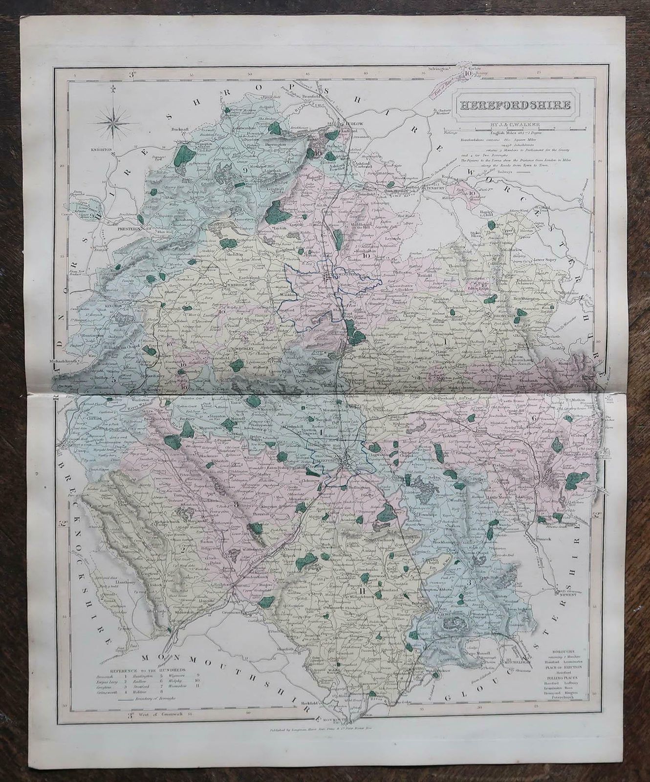 Original Antique English County Map, Herefordshire, J & C Walker, 1851 photo Art