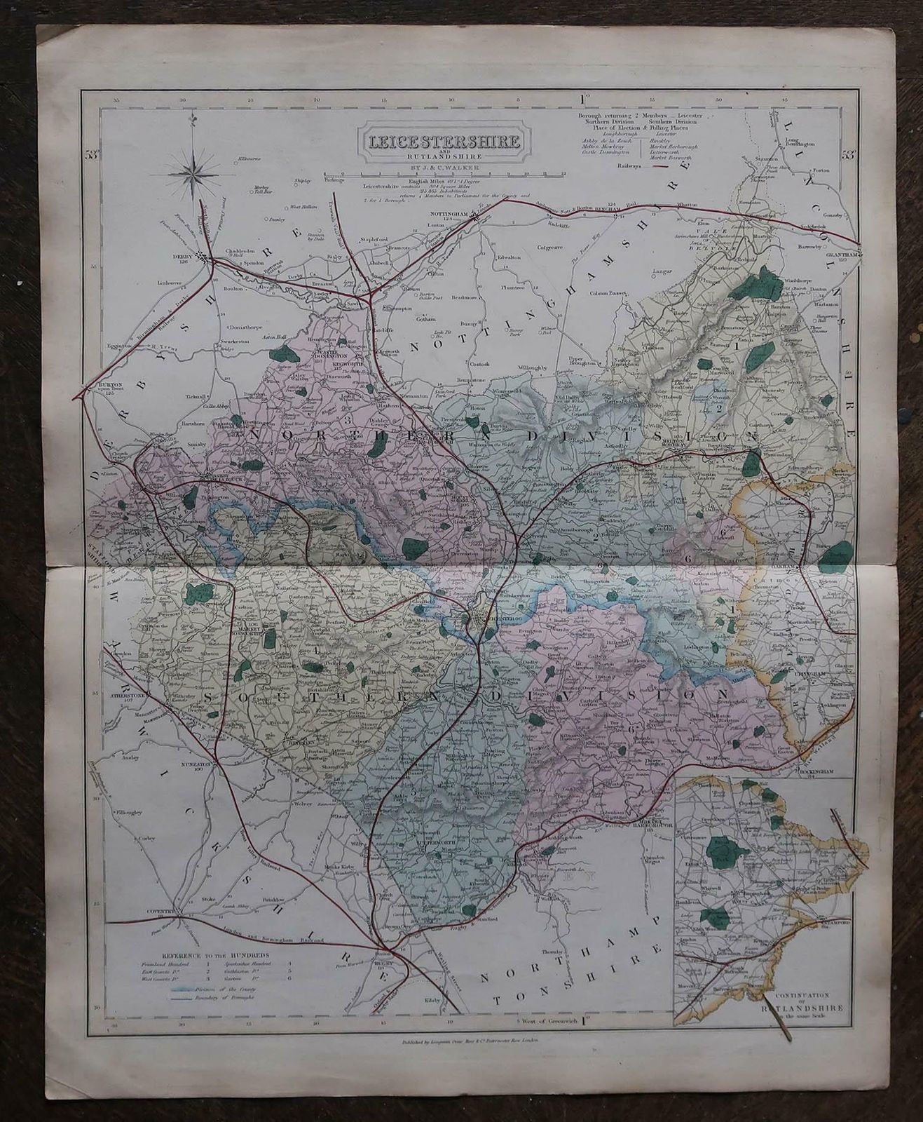 Original Antique English County Map, Leicestershire, J & C Walker, 1851 photo for sale