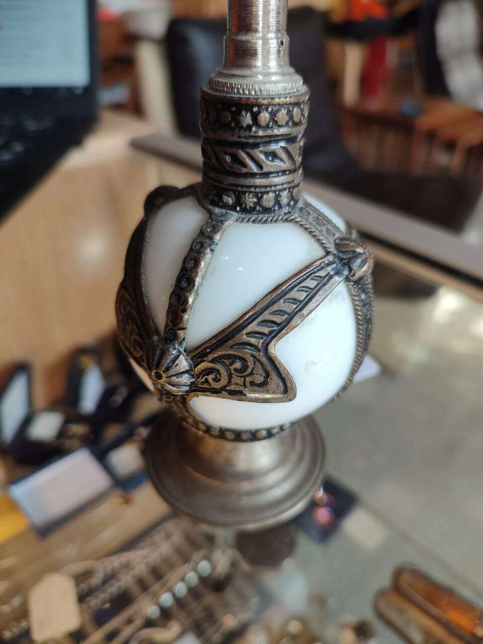 Handcrafted Moroccan White Glass Rose Water Sprinkler With Embossed Silvered Metal Floral Design photo buy