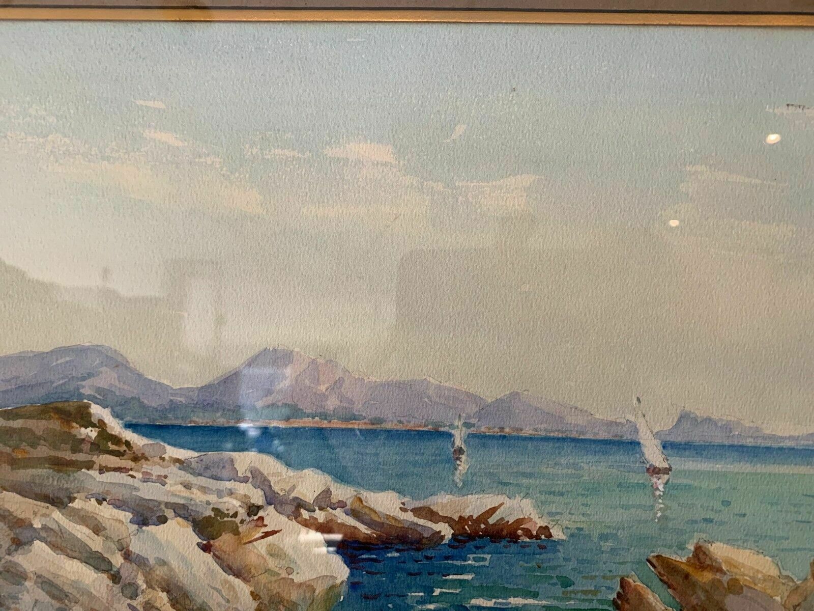 Framed Gouache "Two Boats On A Mountain Lake" XX Century photo Art
