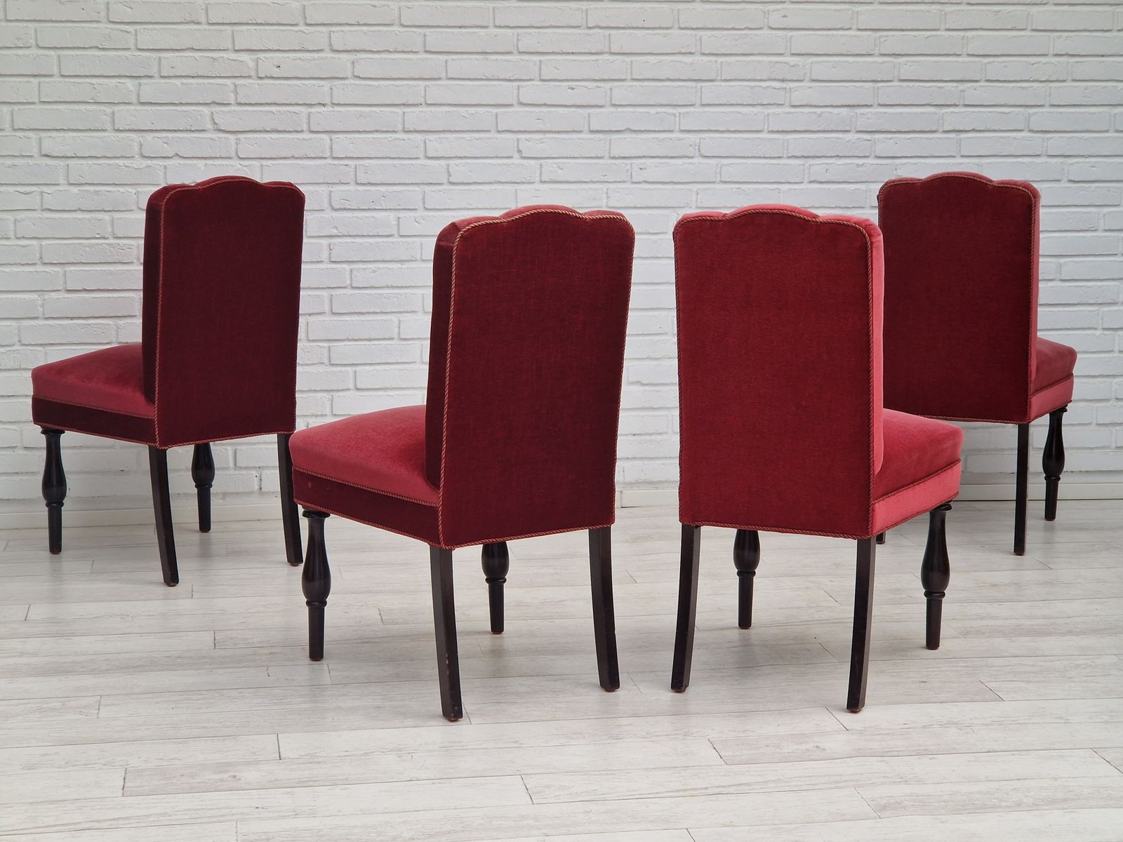 1950s, Danish Design, Set Of 4 Dinning Chairs, Oak Wood, Cherry Red Velour. photo for sale